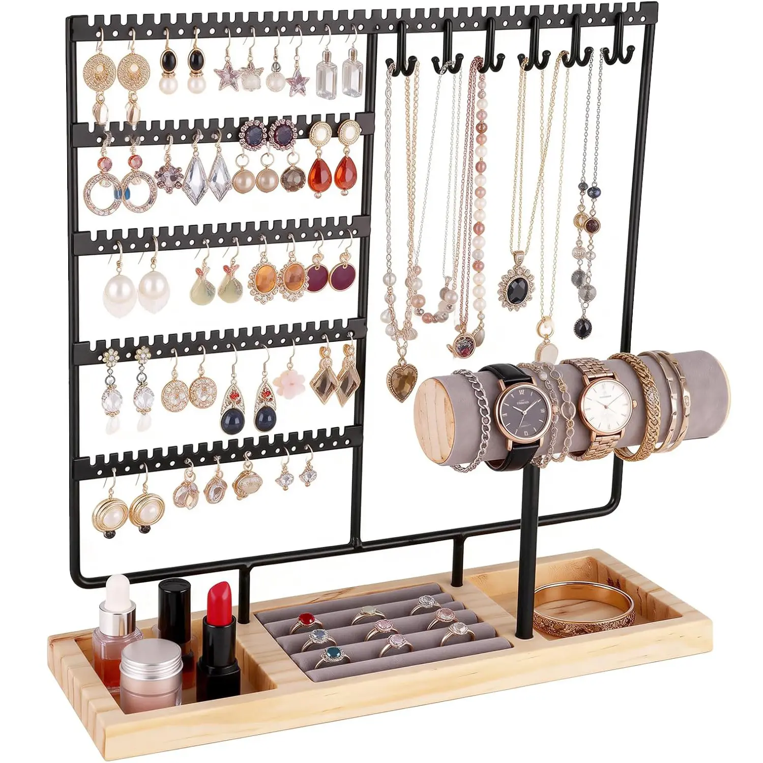 5 Tier Jewelry Holder Organizer, 72 Holes Earring Tree Holder Organizer 12 Hooks Necklace Rack Display with Ring Storage Tray Bracelet Display for Preppy Girl Friend Gift