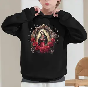 Girls' Pink Mexican Folk Art Guadalupe Virgin Mary & Roses Print Hooded Sweatshirt - Spanish-Inspired Iconic Our Lady of Guadalupe Design, Warm Winter Sweater for Catholic Apparel & Casual Wear