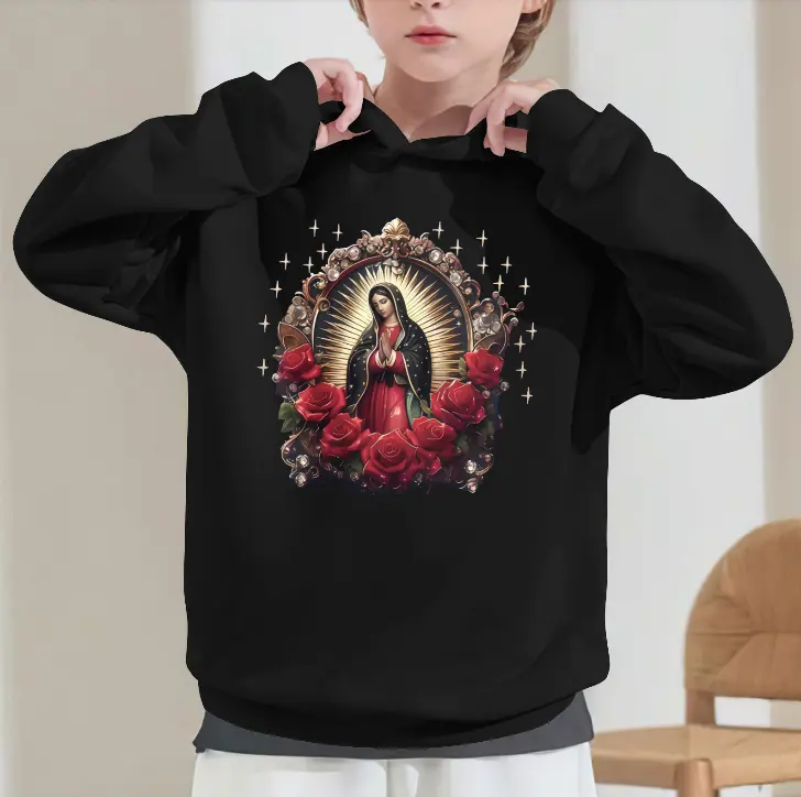Girls' Pink Mexican Folk Art Guadalupe Virgin Mary & Roses Print Hooded Sweatshirt - Spanish-Inspired Iconic Our Lady of Guadalupe Design, Warm Winter Sweater for Catholic Apparel & Casual Wear, Casual Print Hoodie, Graphic Print Hoodie