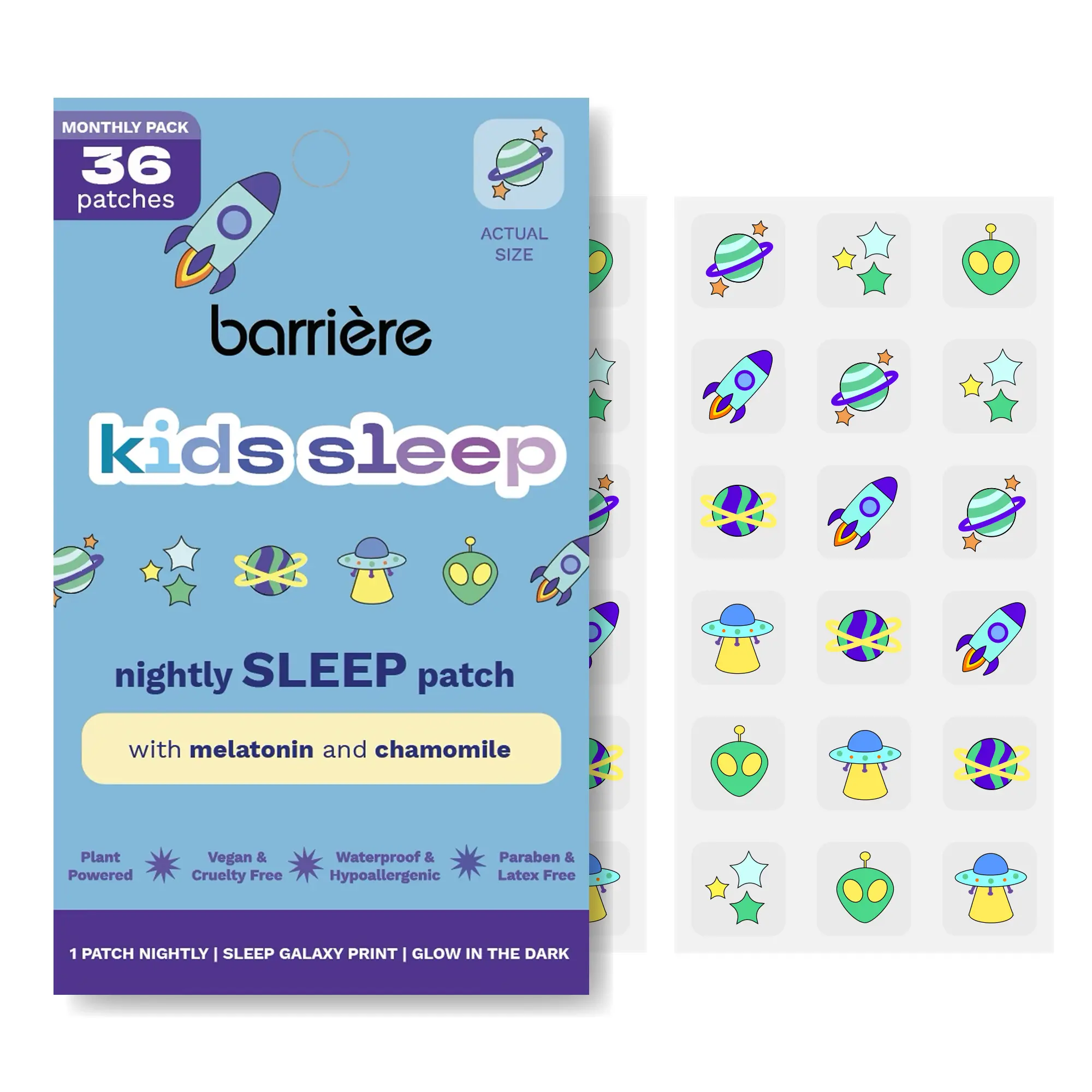 Barrière Kids Sleep Galaxy Patches - Melatonin & Chamomile Infused Glow-in-the-Dark Stickers for Calming Nightly Relaxation, 36 Patches per Pack