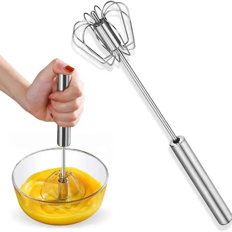 Stainless Steel Whisk, Semi-Automatic Hand-Push Egg Beater, Lightweight Battery-Free Mixer for Camping & Home Kitchen, Compact, Manual Action, Hand Whisk, 1 Piece, Single Unit, Cooking, Solid Metal, Kitchen Gadgets, Utensils