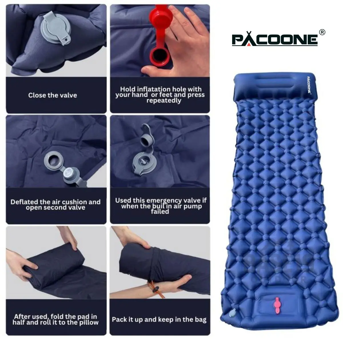 pacoone Self-Inflating Sleeping Pad, Diamond Nylon TPU Portable Camping Accessory with Ergonomic Design and Built-in Pump for Outdoor Camping, Portable Outdoor Equipment