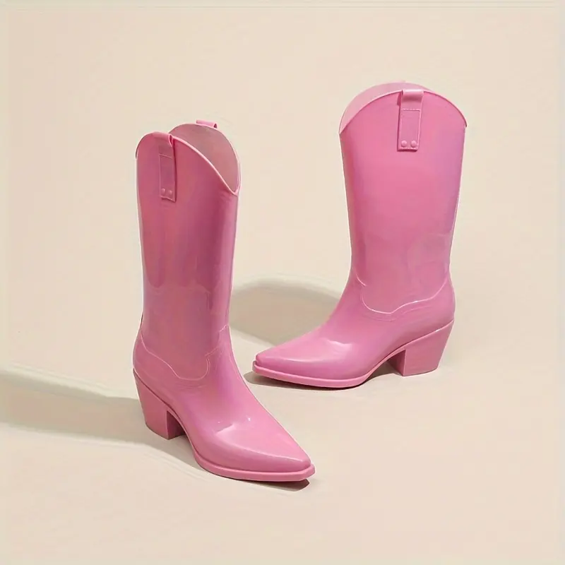 Women's Pink PVC Long Boots, All-Season Soft Non-Slip Moisturizing Warm Fashionable High Heel Long Boots for Adults, Rubber Shoes, Water Shoes, Rain Boots