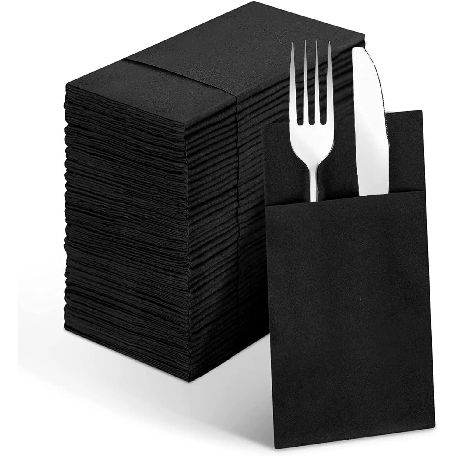 Disposable Table Napkins, 50-Pack Bulk Soft Thick Linenfeel Black Cloth-Like Absorbent Napkins with Built-In Pockets, 157x157mm Prefolded 78x4mm Utensil Holders for Party Events, Household Bathroom Hand Towels, Bulk Pack, Disposable Napkins