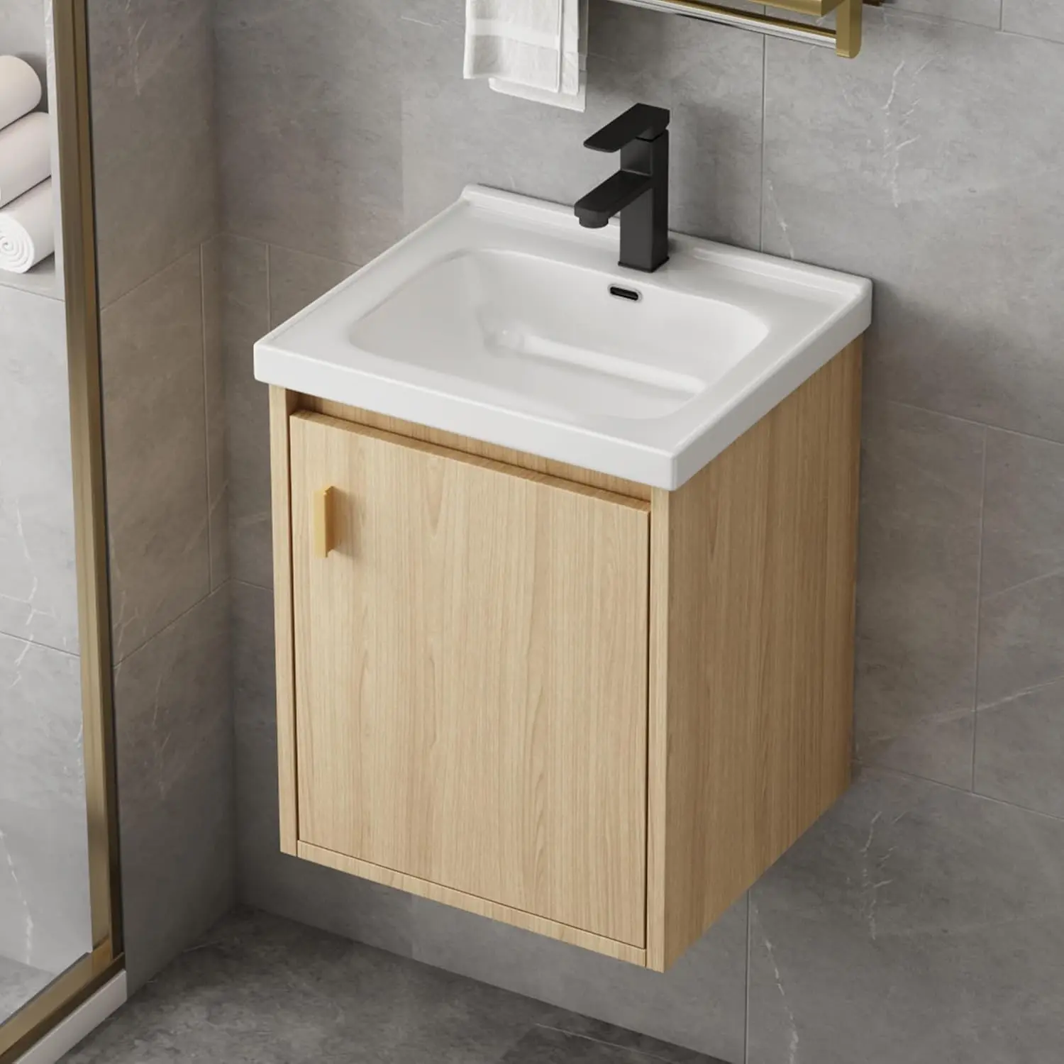 16'' Wall-Mounted Modern Floating Bathroom Vanity Combo with 1-pc Ceramic Sink, Soft-Close Door, 3D Water Barrier, Pop-up Drain, P-Trap (Walnut, No Faucet)