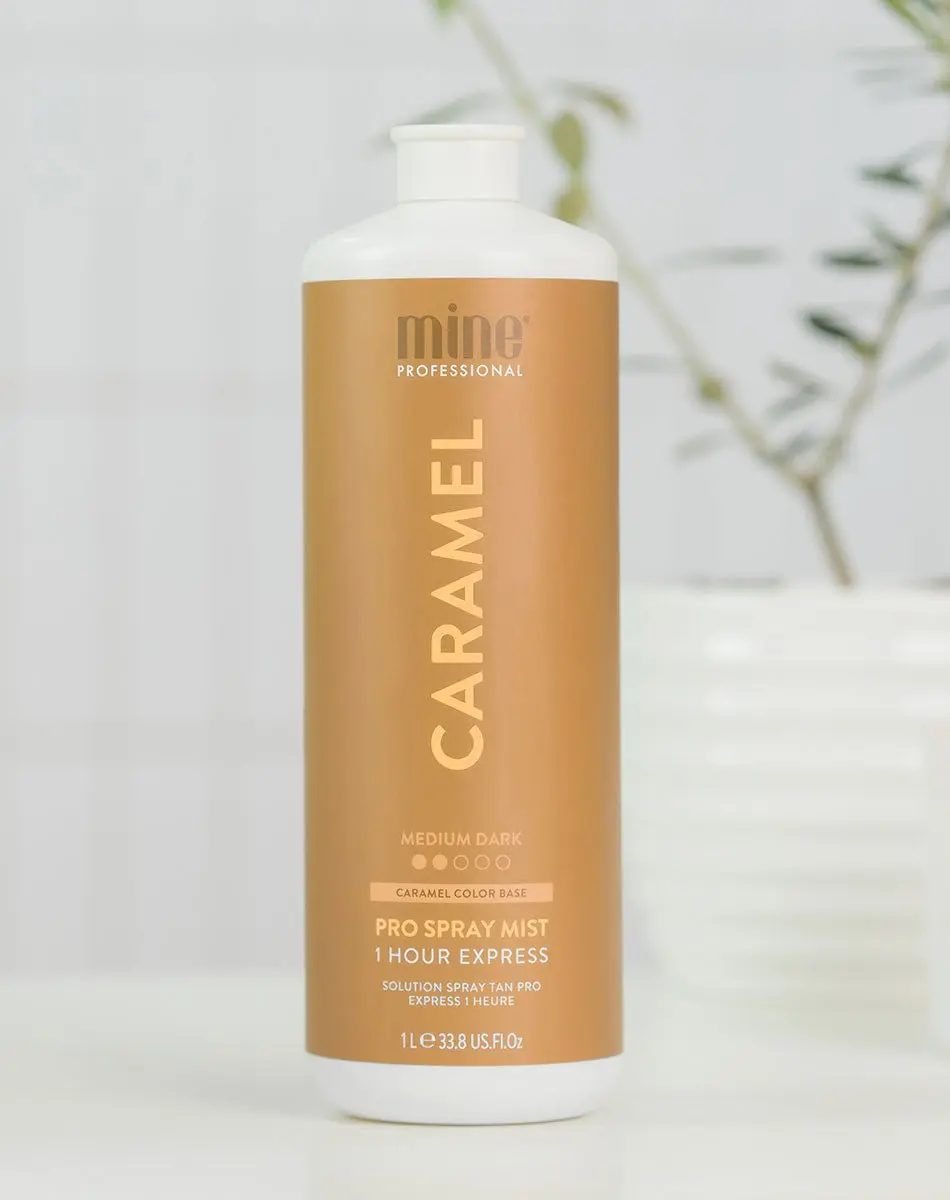 MineTan Caramel Spray Tan Solution - Salon Professional Tanning Product, 1-Hour Express Dark Sun-Kissed Natural Glow, Color-Correcting for Uneven Skin Tone, Rapid Quick-Dry, Brightening Vegan Self Tan Mist for Routine, 33.8 Fl Oz, Tanning Products, Self T