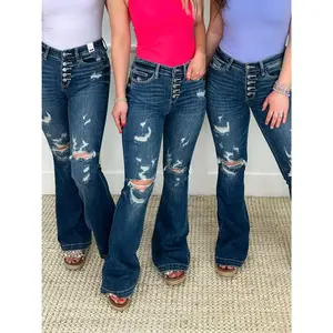 Judy Blue Eliza Mid-Rise Trouser Flare Jeans – Dark Wash (Button Fly, Distressed) Essential Spandex Stretchy