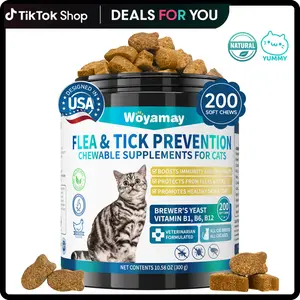 Woyamay Cat Flea & Tick Prevention for Cats 200 Chewables , Natural Soft Chews Flea and Tick Defense with Omega-3 and Vitamin, Daily Use Flea and Tick Away for Kitten , Chicken Flavor