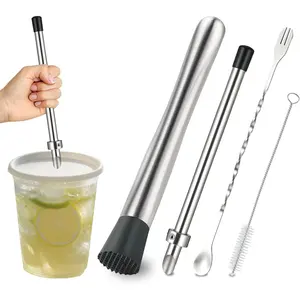 4Pcs Straw Puncher and Muddler Spoon Set 304 Stainless Steel Straw Hole Puncher for Plastic Lids Lemonade Cups Tools for Lemonade Stands Supplies