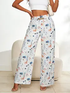 Women’s Summer Ditsy Floral Wide-Leg Pants, Lightweight Breathable Woven High Waist Trousers, Casual Loose-Fitting Beach with Chain Belt