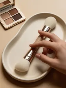 Dual-Ended Vegan Synthetic Makeup Brush Round & Angled for Perfect Blending of Liquids Powders Creams and Blushes with Soft Bristles and Chic Design