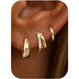 3 Pairs Small 14K Gold Plated Hoop Earrings for Women Trendy Hypoallergenic Silver Earring Stacks Huggie Hoops Earring Sets for Multiple Piercing Chunky Double Hoop Jewelry Lightweight