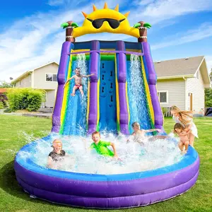 Inflatable Grade Double Water Slide for Kids and Adults with Big Splash Pool, 20.6 * 9.45 * 11.3FT Backyard Party Oxford Water Slide with Air Blower-Purple