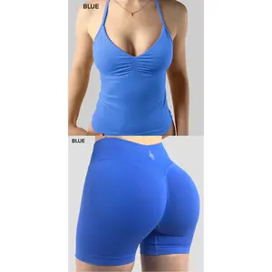 Yoga Set High Impact High Waisted Seamless Scrunch Legging Shorts and Yoga High Impact High Stretch Seamless Scrunch Tank Top