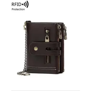 Double Zipper Wallet for Men, Multi-Card, Three-Fold Wallet with Chain, Europe and the United States, Business, New