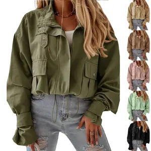 Danedvi Womens Cropped Bomber Jacket Long Sleeve Zip Up Casual Coats Loose Fit Outerwear with Pockets