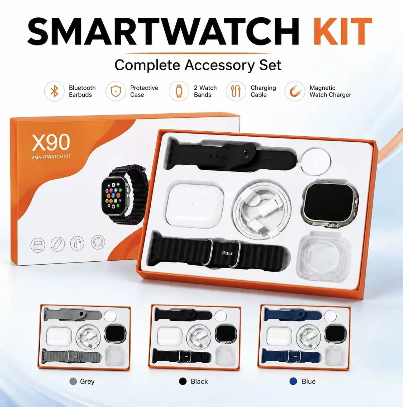 Wearable Device Kit with Bluetooth Earbuds, Magnetic Charger, Type-C Cable & Protective Case