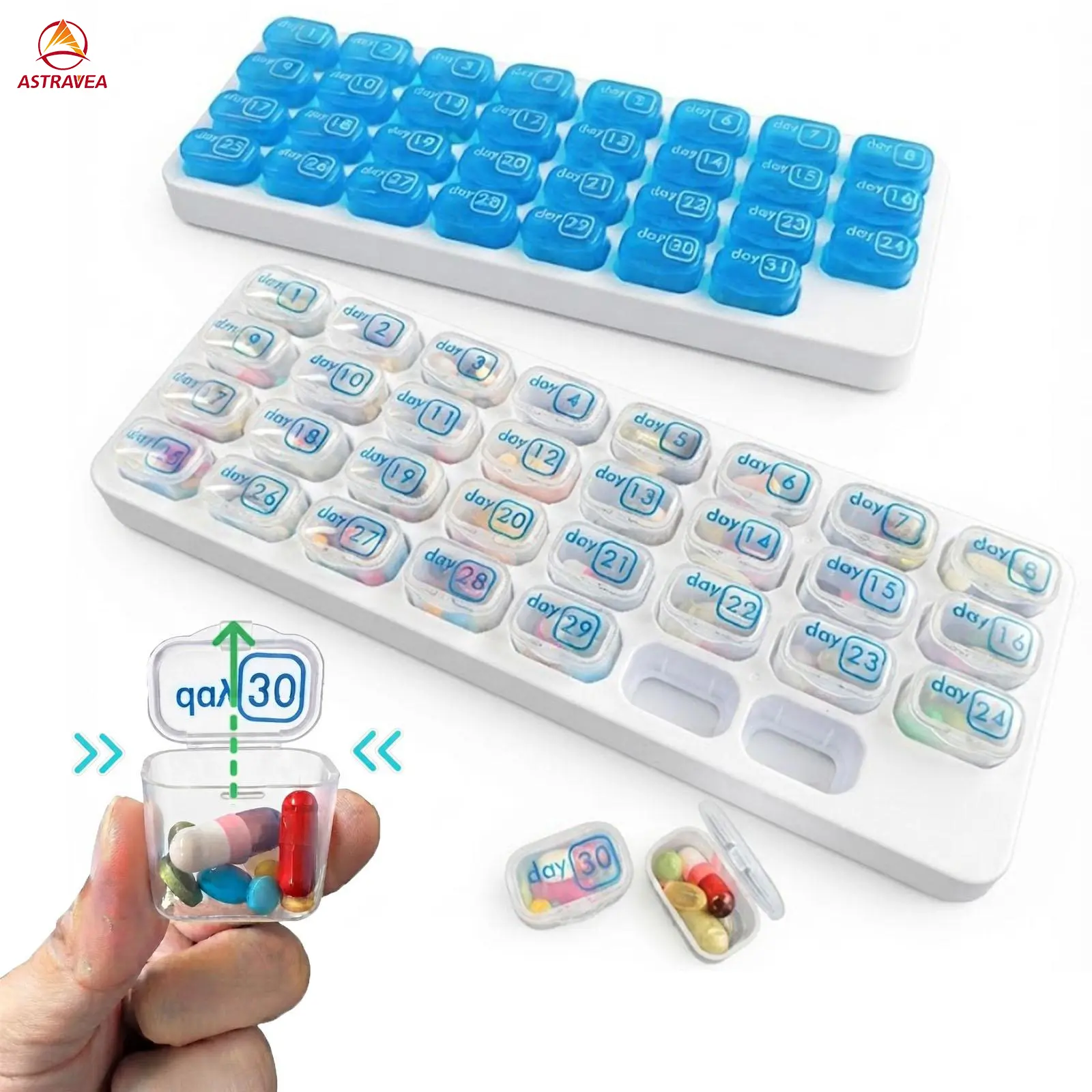 ASTRAVEA 31-Day Monthly Vitamin Pill Box - Minimalist Home Organizer, Portable Individual Daily Pods, Easy Push-Open Latch, Arthritis-Friendly Design