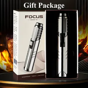 [Powerful Blowtorch Lighter] High Temperature Spray Gun Butane Lighter, Metal Outdoor Windproof Blue Powerful Flame Blowtorch Jet Lighter Welding Tool - Suitable For Candles, Barbecue, Stove, Camping, Holiday Gift Box Packaging (Butane Gas Not Included)