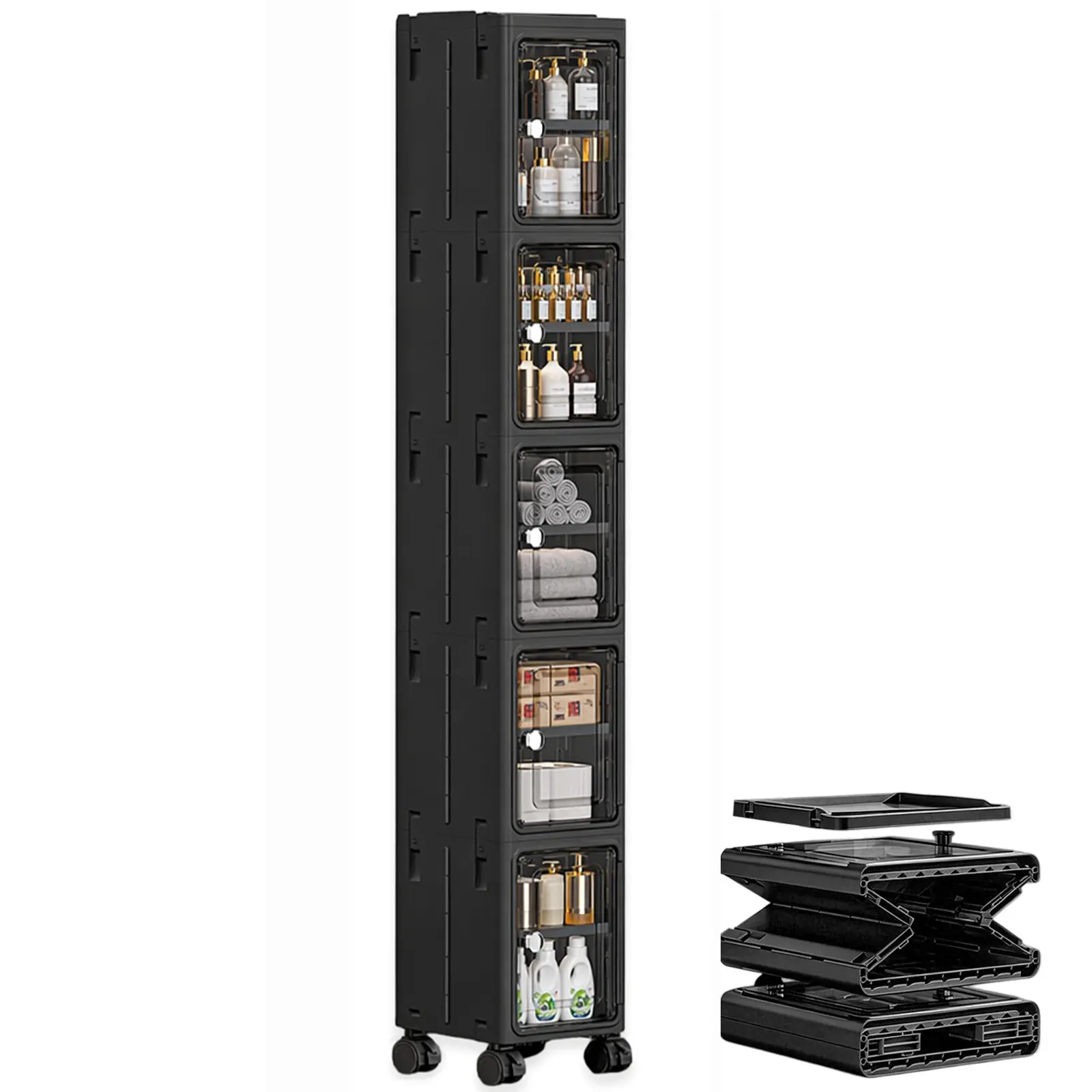 5-Tier Plastic Stackable Storage Bins with Lids, Wheels & Functional Organiser, Collapsible Folding Boxes for Living Room, Office