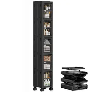 5-Tier Plastic Storage Bins with Lids Stackable Containers with Wheels Folding Boxes Collapsible for Living Room Office Dorm White 157cm Tall