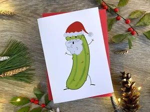 Funny Pickle Santa Handmade Christmas Card by StoneDonut Design