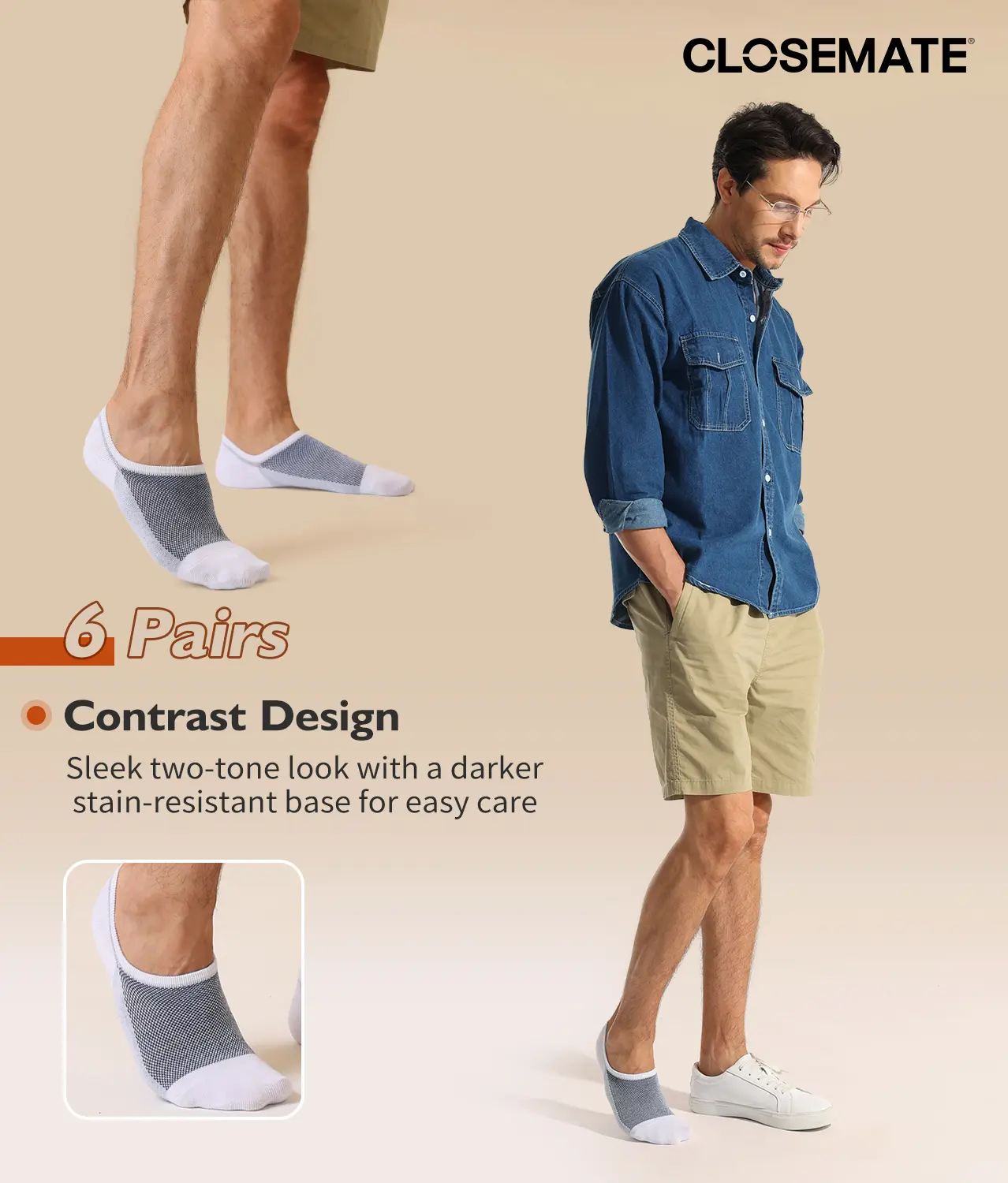 CLOSEMATE No Show Socks for Men Anti-Slip Lightweigt Breathable Socks for Casual Shoes 6 Pairs, Polyester Socks, Cotton