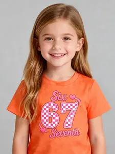 Children Valentine's Day T-Shirt, Plaid Print, Casual Fashion Top, Suitable for Girls Under 8 Years, Heart Pattern, Fitted Style