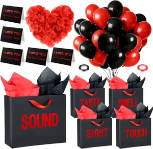 5 Senses Gift Bags for Him, Five Senses Black Red Gift Bags with Rose Petals Balloon, Gifts Decoration Bag for Birthday Wedding Anniversary Christmas Valentine's Day (Red,12.6 x 8.7 x 4 Inch)