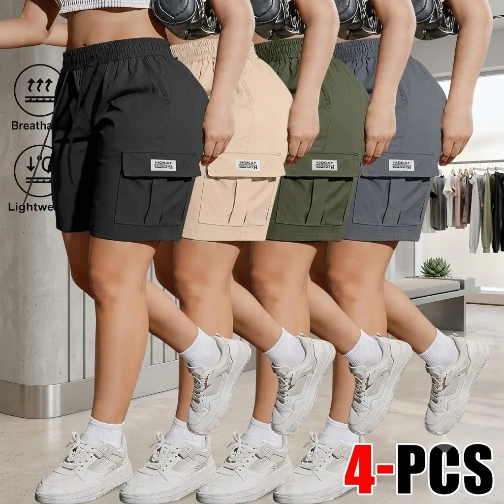 4-pack women’s lightweight, breathable mid-length cargo shorts for summer with an elastic waistband and multiple pockets; elastic-waist drawstring shorts suitable for outdoor, street, and everyday casual wear Summervibes