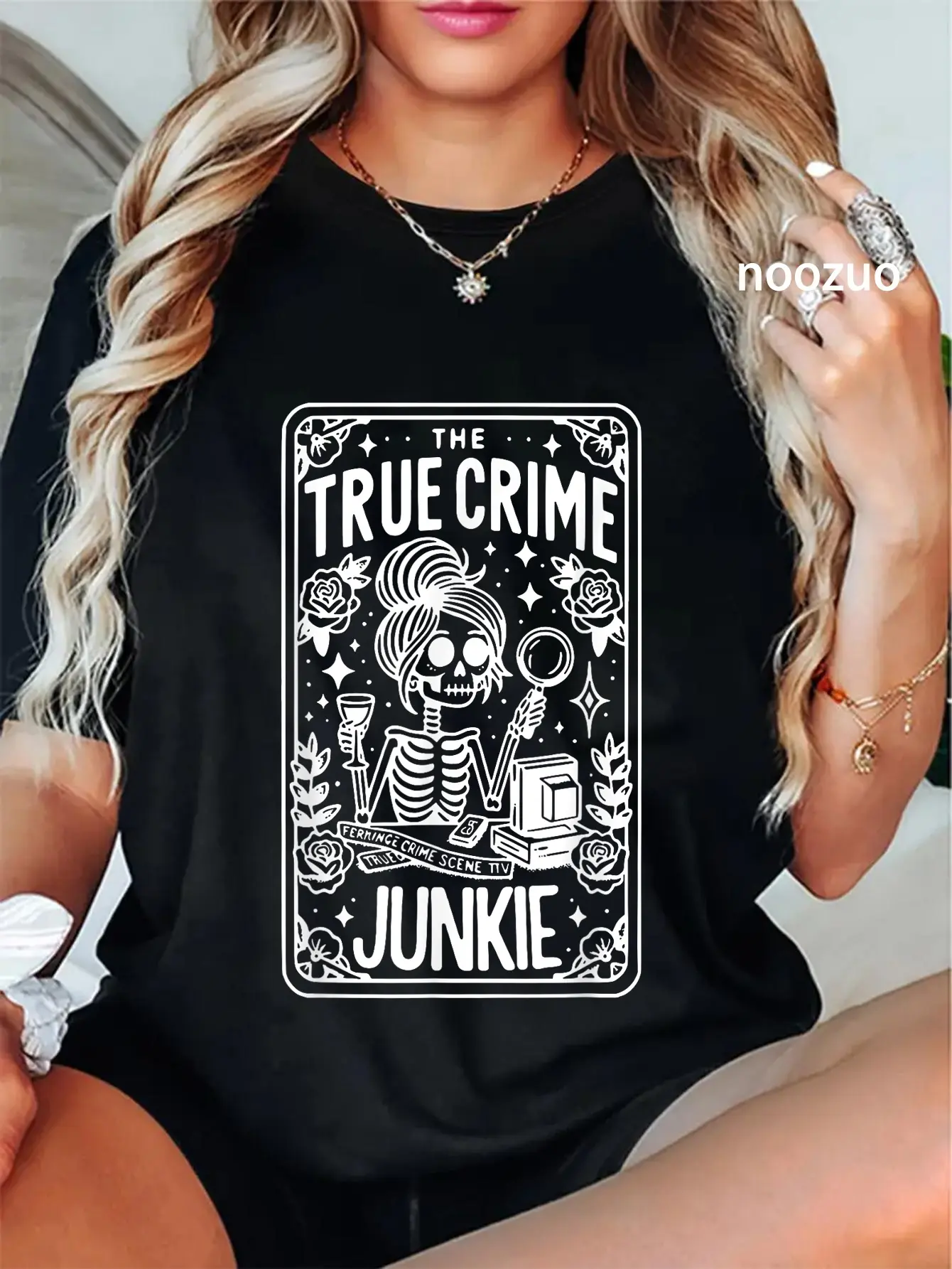 100% Cotton Retro Vintage True Crime Junkie Funny Tarot Card Skeleton T-Shirt