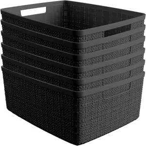 Set of 6 Medium 12L Jute Decorative Plastic Organization and Storage Baskets - Perfect Bins for Home Office, Closet Shelves, Kitchen Pantry and All Bedroom Essentials, Black