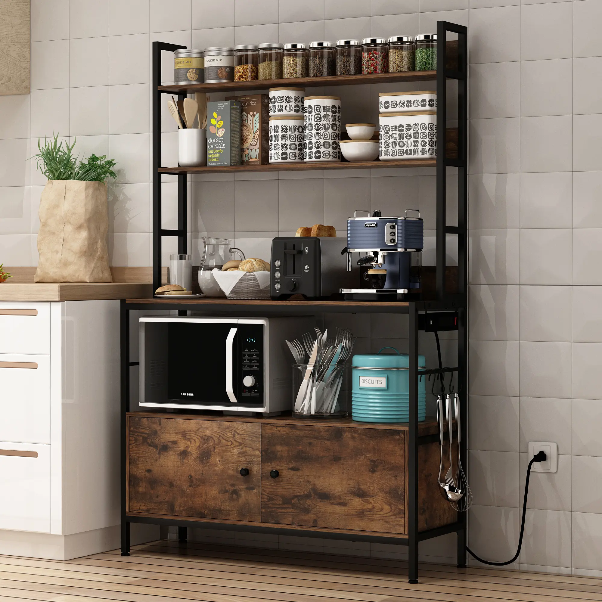 NAIYUFA 5-Tier Metal-Wood Blend Kitchen Baker's Rack Shelf - Solid, Sturdy, Waterproof, Durable Vertical Space-Saver with Power Outlet, Microwave Stand, Hooks, Tote Storage, Assembly Required