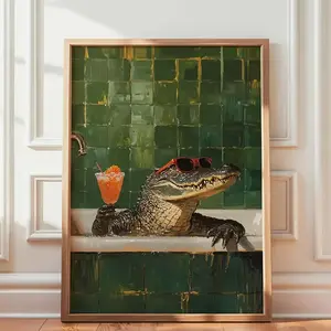 1pc Frameless Retro Crocodile Animal Bath Bathroom Canvas Poster, Fun Crocodile Holding a Cocktail on Green Tile Background Wall Art Print, Used for Modern Living Room Bedroom Kitchen Dormitory Bathroom and Home Decoration, Ideal Gift