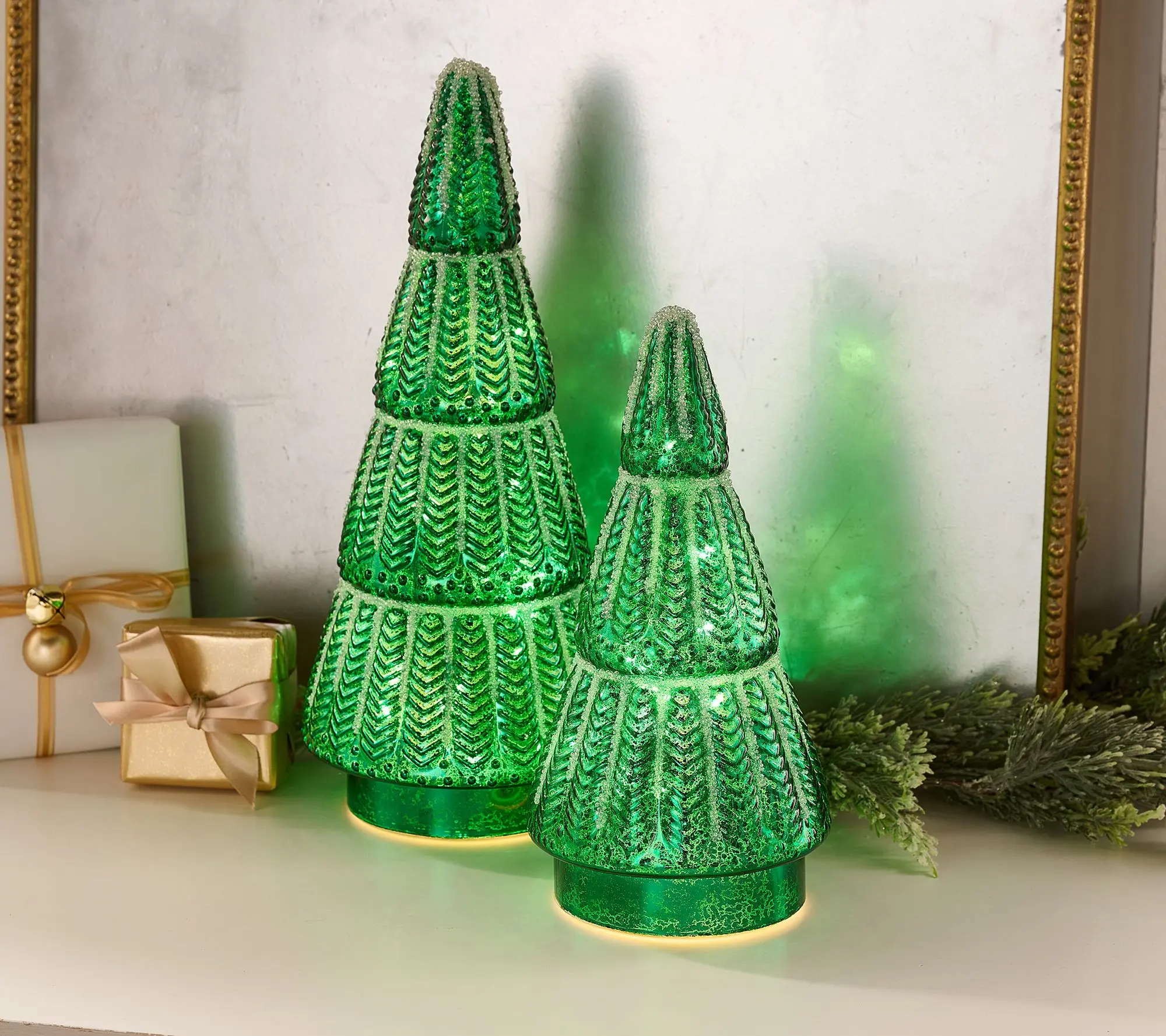Home Reflections S/2 Illuminated 12-16" Mercury Glass Trees