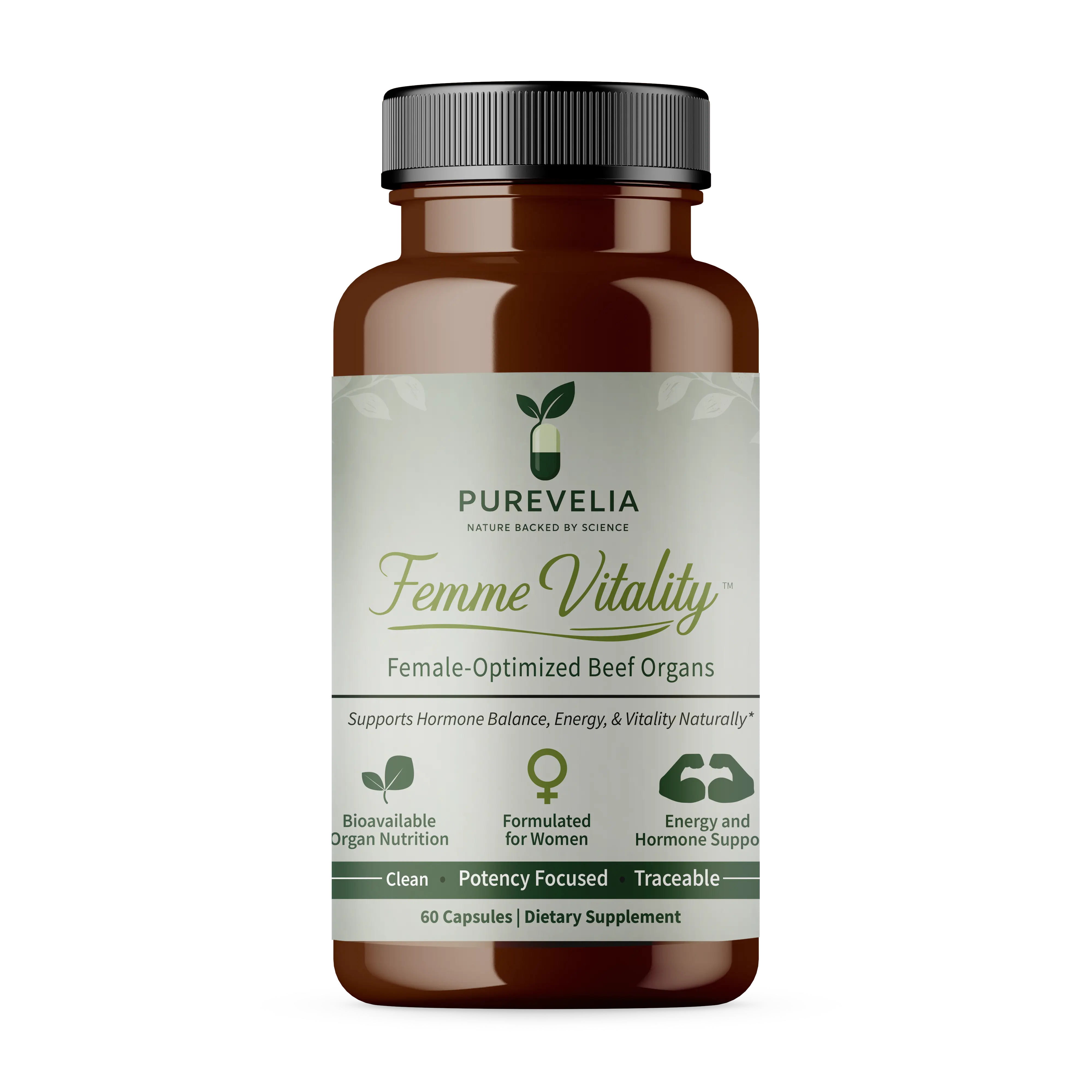Purevelia Femme Vitality - Next-Generation Women's Supplement with Bioavailable Organ Nutrition for Energy & Hormonal Balance