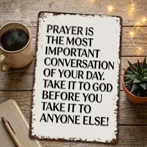 Vintage Aluminum Metal Rectangular Tin Sign, 8x12 in Christian Religious Faith Wall Decor with Inspirational Prayer Quote "Prayer Is The Most Important Conversation" for Home