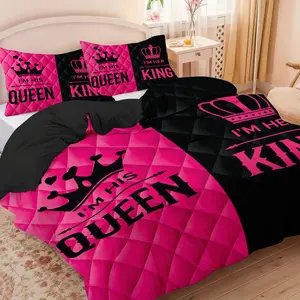 3-piece set (1 duvet cover + 2 pillowcases, no insert) Black and pink color-blocked duvet cover set with crown, king, and queen prints. Comfortable bedding, room decor, suitable for all seasons, perfect as a gift, and a Valentine's Day essential.