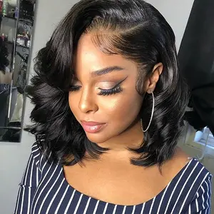 100% Human Hair Body Wave Lace Front Wigs For Women Side Part Transparent Lace Wig Pre Plucked Bleached Knots Natural Hair Line Short Bob Wig Human Hair Wavy