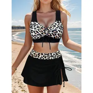 Three-piece Leopard Print Patchwork Lace-up High-waisted Ruffled Two-piece Swimsuit Bikini Slimming Swimwear with Drawstring l tankini outfit