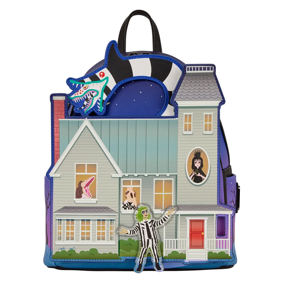 Beetlejuice Deetz House Glow Small Polyurethane Backpack, 80s Cartoon Character Design for Spooky Themed Use, Small Backpacks, 80S Cartoon Character Backpacks