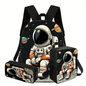 Space Astronaut Exploration Backpack Set 3pcs, 17in Bookbag with Adjustable Straps, Rocket Print, Insulated Lunch Bag & Pencil Case, Great Gift Idea for Science Lovers on Halloween, Christmas, or Daily Commuting