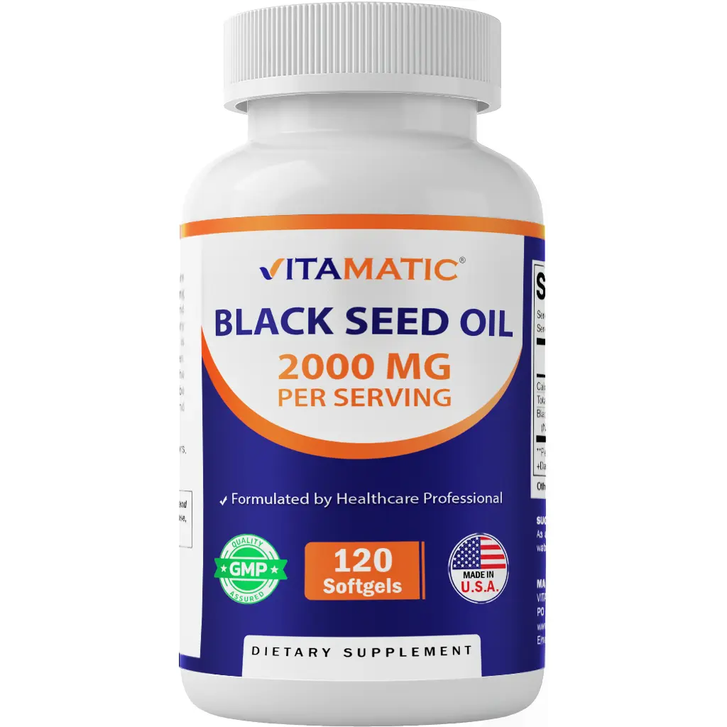 Vitamatic Cold-Pressed Black Seed Oil Softgel Capsules - Sugar-Free Dietary Vitamin Supplement, 2000 mg per Serving, 120 Servings, Min 0.95% Thymoquinone, Body Health Support, Made in USA, Essential Nutrients