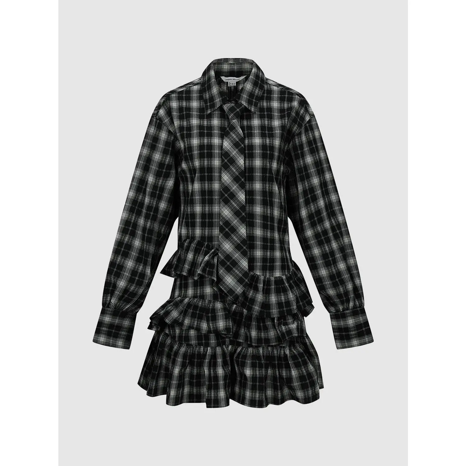 URBAN REVIVO Women's Preppy Gingham Cotton Midi Dress, Long-Sleeve A-Line with a Tiered Skirt and Frilled Trim, Checkered Print, Ready To Wear, Going Out, Thin, Casual, Fabric