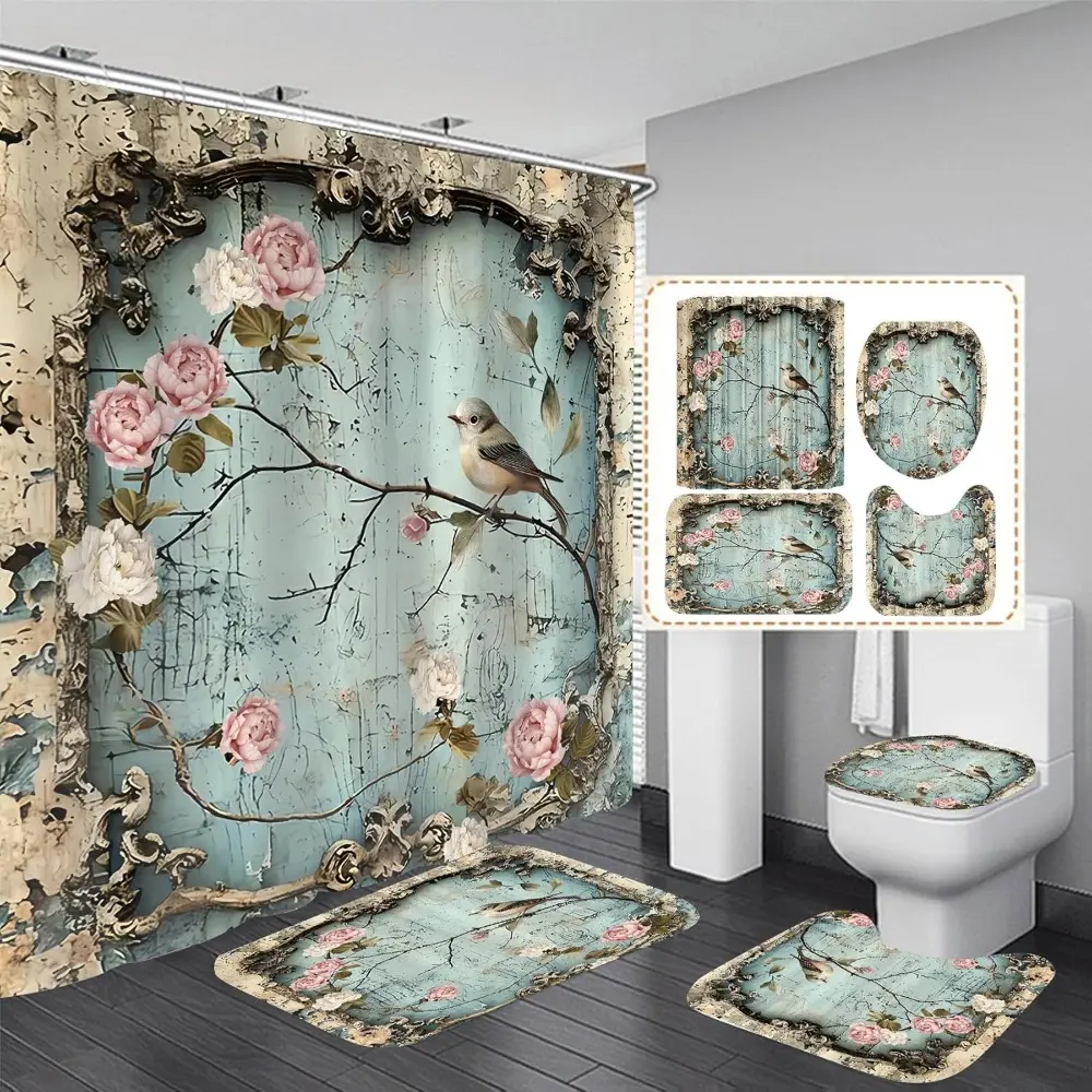 Retro flower and bird pattern design, 4-piece shower curtain set, bathroom decoration, Restroom, shower essentials, with carpet and 12 durable hooks, non slip floor mat, waterproof shower curtain, polyester fiber