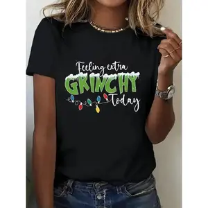 [100% Cotton] Women'S Plus Size Graphic T-Shirt. Seuss Inspired Christmas Design With "Feeling Grinchy Today" & Heart Print, Comfortable Medium Stretch Crew Neck Short Sleeve Casual Top, Relaxed Fit For Casual Attir Golf Gift T-Shirt For Men And Women
