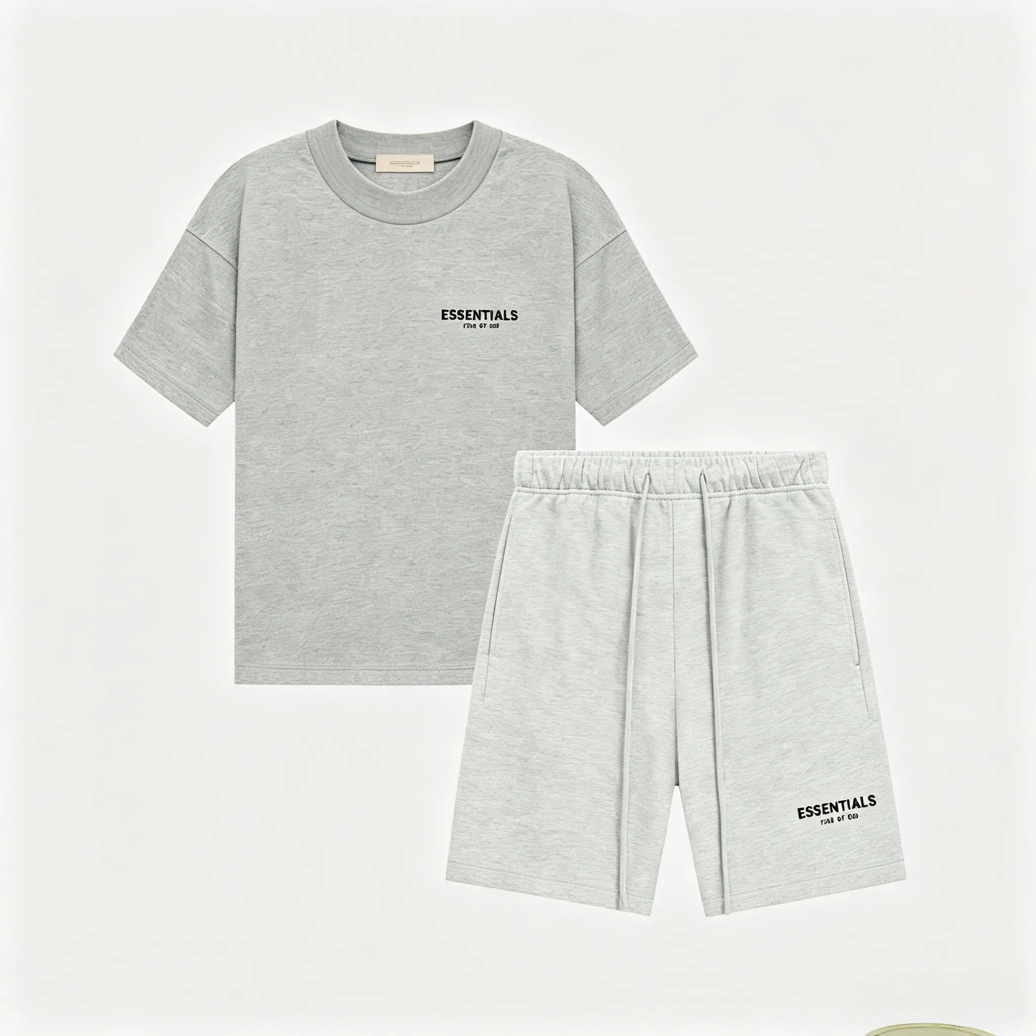 Fear of God Essentials SS22 Two Piece Co-Ord Outfit Set Dark Oatmeal Short Sleeve Crew Neck Tee Matching Light Oatmeal Casual Shorts Premium Unisex Streetwear Matching Set for Men & Women