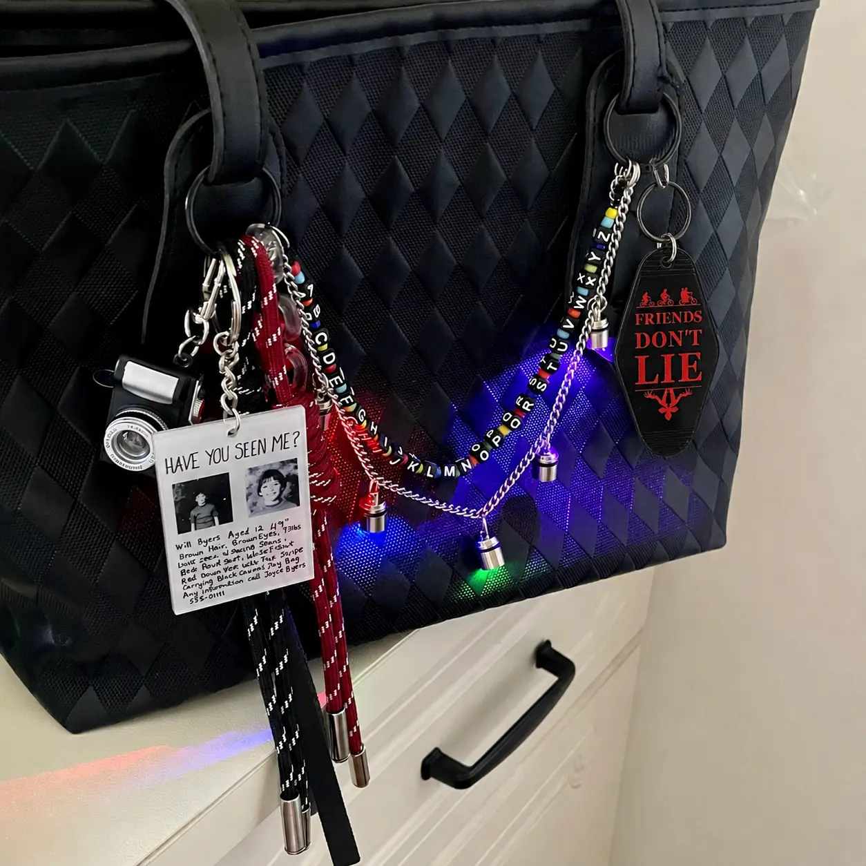 Handmade Light-Up Alphabet Backpack Charm - Plastic Bag Accessory with Flash Camera, Stranger Things Key Tag, Ideal Graduation & Holiday Gift, Bag Accessories Charms