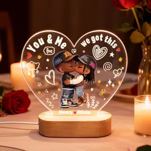 Personalized Cartoon Kissing Couple Heart Acrylic Plaque Night Light, Anniversary Gift for Women Men Him Her Girlfriend Boyfriend, Valentine's Day Bedroom Decor, Wedding Home Keepsake