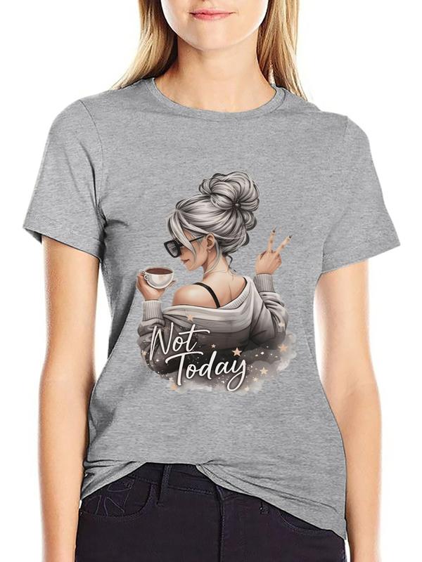 Women's Pure Cotton Fitted Crew Neck Graphic Tee - Breathable Short Sleeve Top with Not Today Coffee Girl, Bun Sunglasses, Peace Sign Prints - Sassy Halloween Casual Shirt, Short Sleeves